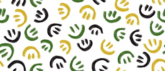Seamless abstract pattern. Funny children style. Yellow, white, green, black colors. Smile ornament. Design for textile fabrics, wrapping paper, background, wallpaper, cover.
