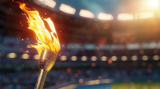 olympic torch with burning flame blurred sports stadium background symbol of unity and sportsmanship 3d illustration
