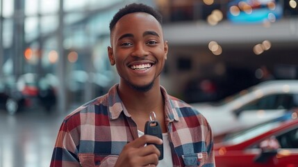 Young African American man excited to have his first car, holding car key on dealer shop background with copy space for text.