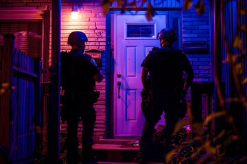 Police officers with a search warrant waiting outside of the door of a crime suspect