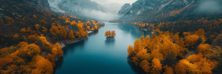 breathtaking panoramic scenery of autumn forest along riverside , seasonal color change gorgeous view, nature beauty background wallpaper