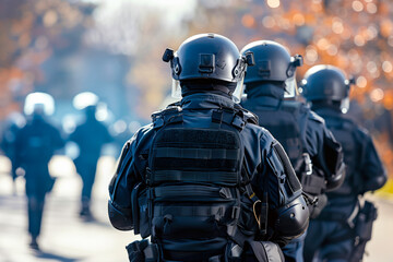 Police officers from SWAT tactical unit in full gear patrolling in the street
