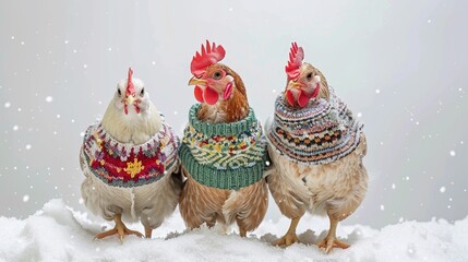 Funny 3 chickens wearing adorable colorful knitted sweater looking at camera, concept of harvest season,highly productive hens portrait, thanksgiving card,costume farm animals in autumn winter season