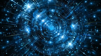 Obraz premium Digital cyberspace tunnel. Abstract blue digital tunnel with glowing particles, futuristic technology background