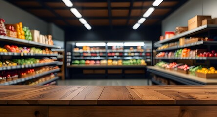 Empty wood table top with supermarket grocery store aisle and shelves blurred background
