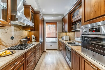 Fototapeta premium bright brown kitchen room with steel appliances