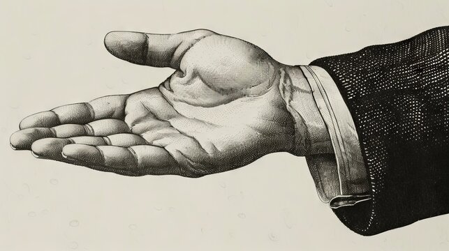 Open hand gesture in black and white. Vintage engraved illustration of a hand extended with an open palm, symbolizing offering, receiving, or trust.
