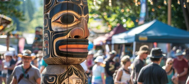 Chainsaw Artist Carving Intricate Totem Pole Amid Bustling Outdoor Festival