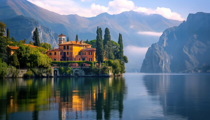 Fototapeta premium Italian Villa on a Picturesque Lake with Mountain Backdrop