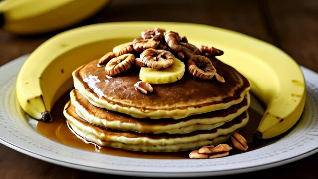 Deliciously stacked pancakes with bananas and walnuts ready to be savored