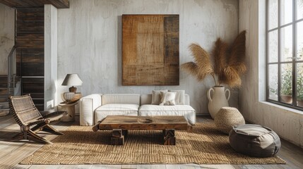 An eclectic living room showcasing a diverse collection of decor items, from vintage to contemporary pieces, all arranged in a minimalist manner. The space offers ample copy space for adding text or