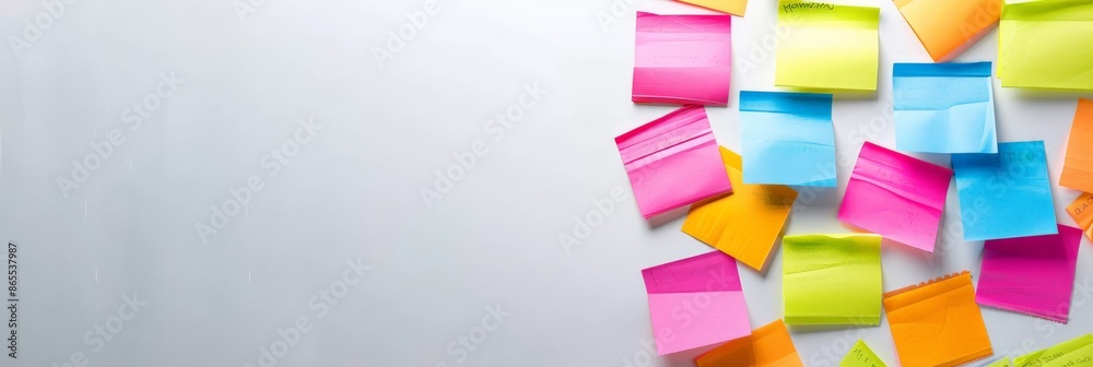 Poster Vibrant sticky notes on white surface with ample space on left side for copy. Suitable for business ideas, office planning, or marketing concepts