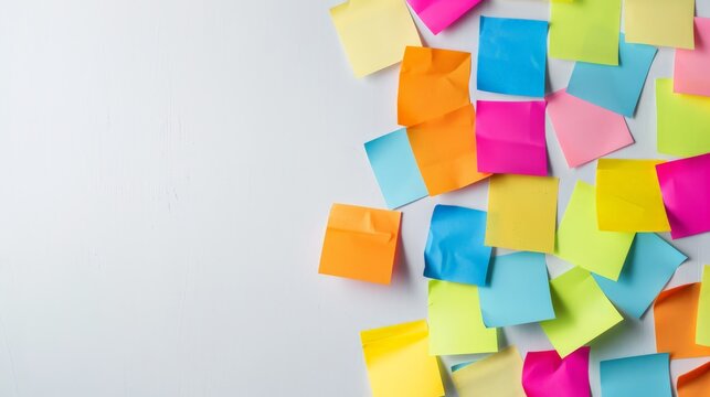 Scattered colorful sticky notes on white background with ample space for text. Ideal for business planning, office strategy, or creative brainstorming concepts