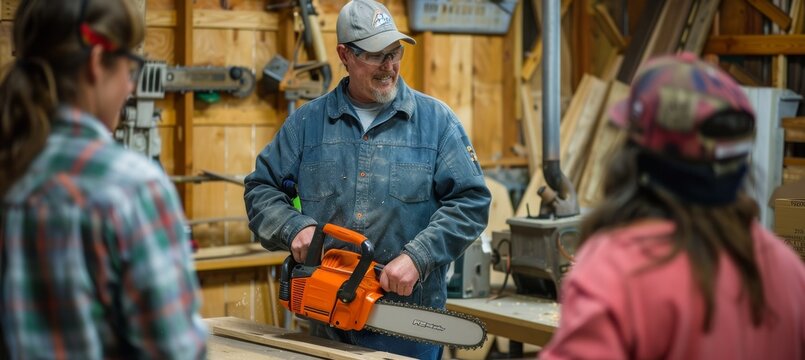 Chainsaw Safety Training Class with Instructor Demonstrating Techniques to Group in Workshop Setting