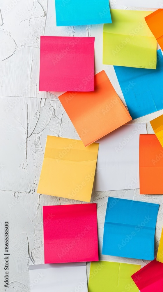 Poster colorful sticky notes on white wall with empty space for text. ideal for business planning, office s