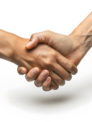 A close-up of two hands shaking on a white background, trust and partnership concept