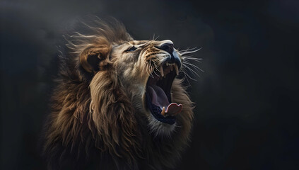 A powerful, roaring lion with a majestic mane, captured in a dramatic, dark setting, representing strength and wild beauty.