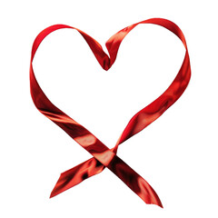 Red ribbon shaped as heart on white background. 