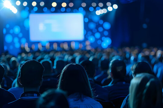 Audience attending a conference in a large hall with blue lighting and stage in the background, captured from behind.