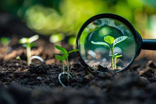 Close-up of a green seedling magnified through a glass lens growing in rich soil under sunlight, representing growth, nature, and new beginnings.