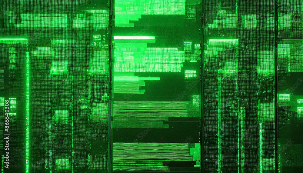 Poster abstract technical background, green monitor with pixel sorting glitch effect, texture banner with copy space, error screen