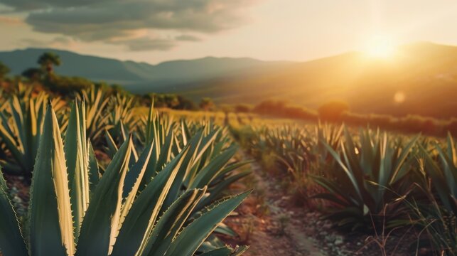 Closeup Agave field for tequila production at sunset