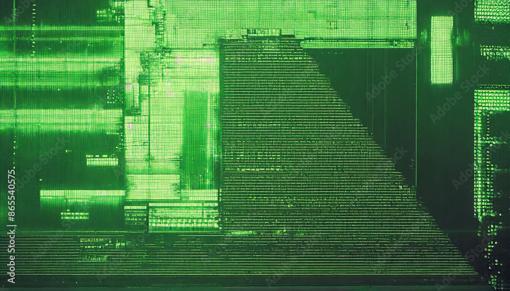 Poster abstract technical background, green monitor with pixel sorting glitch effect, texture banner with copy space, error screen