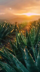Closeup agave field for tequila production at sunset during the rain