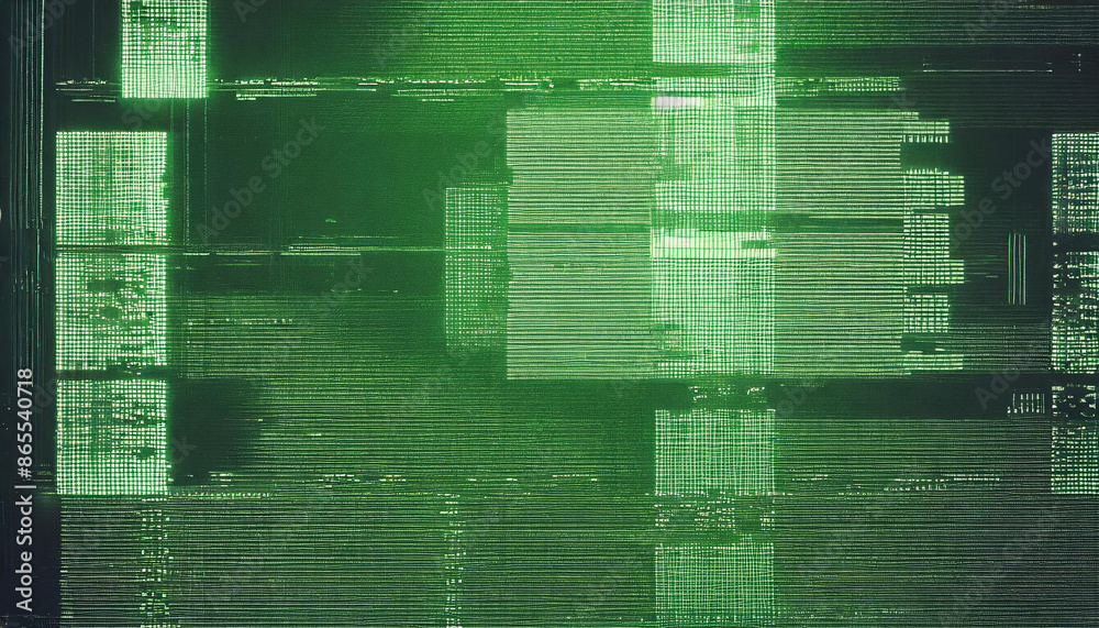 Poster abstract technical background, green monitor with pixel sorting glitch effect, texture banner with copy space, error screen