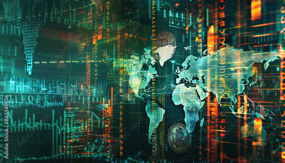 Poster dollar exchange with graph with digital world map background