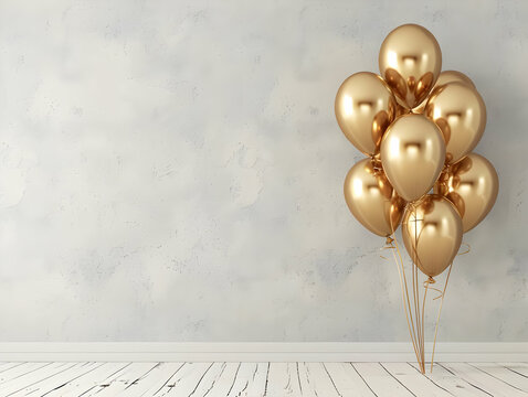 Elegant gold balloons arranged against a light wall, perfect for celebrations, parties, and festive decorations with a touch of sophistication.