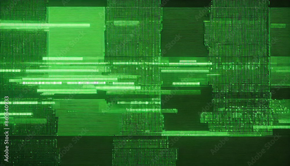 Aufkleber abstract technical background, green monitor with pixel sorting glitch effect, texture banner with copy space, error screen