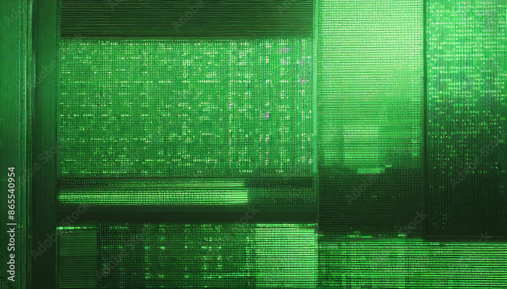 Poster abstract technical background, green monitor with pixel sorting glitch effect, texture banner with copy space, error screen