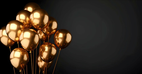 Glossy gold balloons on a black background, creating an elegant and festive atmosphere. Perfect for celebrations and special occasions.