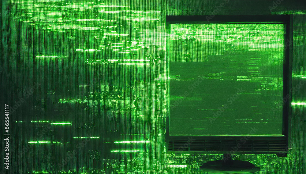 Aufkleber abstract technical background, green monitor with pixel sorting glitch effect, texture banner with copy space, error screen