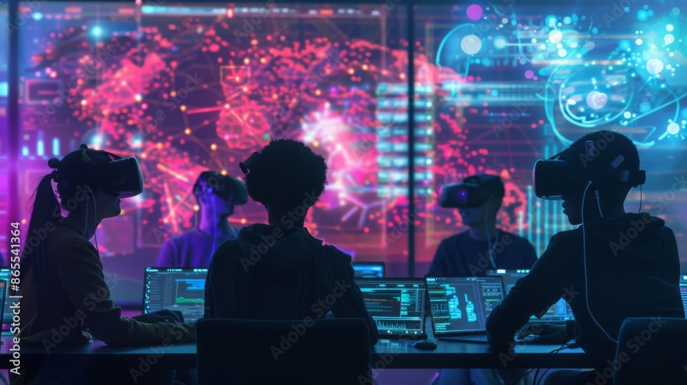 Leinwandbilder a group of people wear virtual reality headsets while sitting at desks in a modern office setting wi