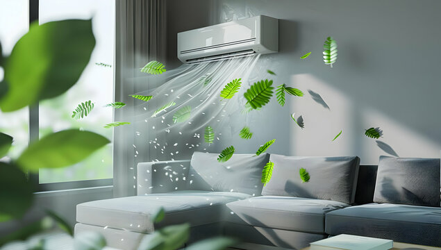 Modern living room with air conditioner releasing fresh air and green leaves, representing clean and eco-friendly indoor environment.