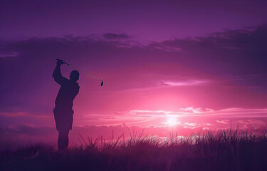 Silhouette of a golfer swinging a club at sunset with a stunning purple and pink sky in the background.