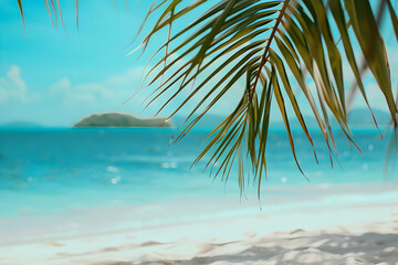 Fototapeta premium Tropical beach scene with palm leaves and turquoise water, perfect for travel and vacation themes.