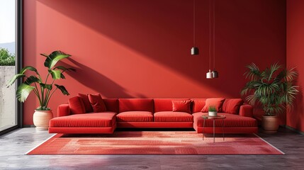 A modern living room with a red color scheme, designed in a minimalist style with clean, uncluttered surfaces. The image offers plenty of copy space and is ideal for conveying a sense of simplicity