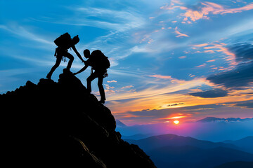 Two hikers help each other reach the summit of a mountain during a vibrant sunset, demonstrating teamwork, adventure, and perseverance.
