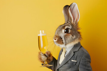 A dapper rabbit in a suit holding a glass of champagne against a yellow background. Perfect for festive and humorous themes.