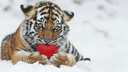 Obraz premium A cute tiger cub holding a red heart in a snowy landscape, symbolizing love and wildlife in harmony during winter.