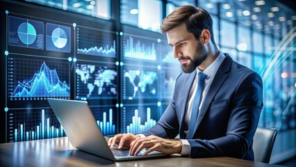Fototapeta premium Businessman Analyzing Data on Laptop with Financial Charts and Graphs on Monitors