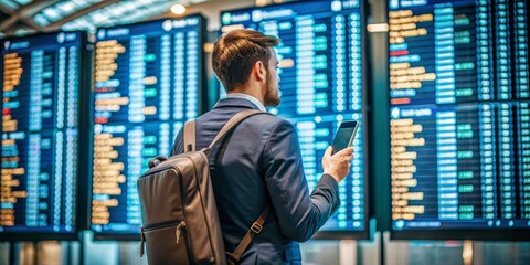 Fototapeta premium Businessman Checking Flight Information on Smartphone at Airport