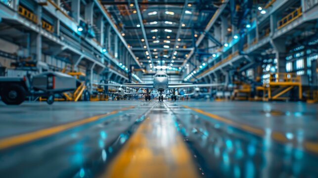 An airplane sits inside a massive hangar, with its nose facing the camera - Powered by Adobe