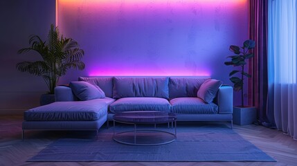 A sleek and contemporary living room with neon accents, creating a minimalist and sophisticated atmosphere. The photo offers ample copy space, perfect for adding custom messages or branding.