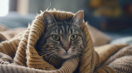 sick cat wrapped in blanket pet health and care concept animal photography
