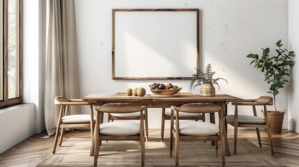 Horizontal black frame mockup in farmhouse dining room interior