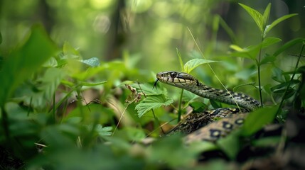 Gopher snake moving stealthily through the undergrowth of the forest